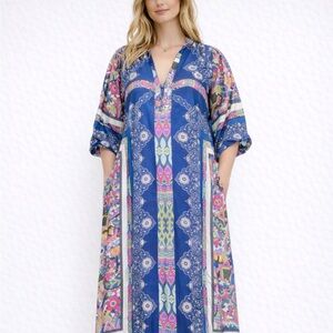 Johnny Was Silk Resortwear  Blue Long Lightweight V-Neck Pullover Kaftan Dress S